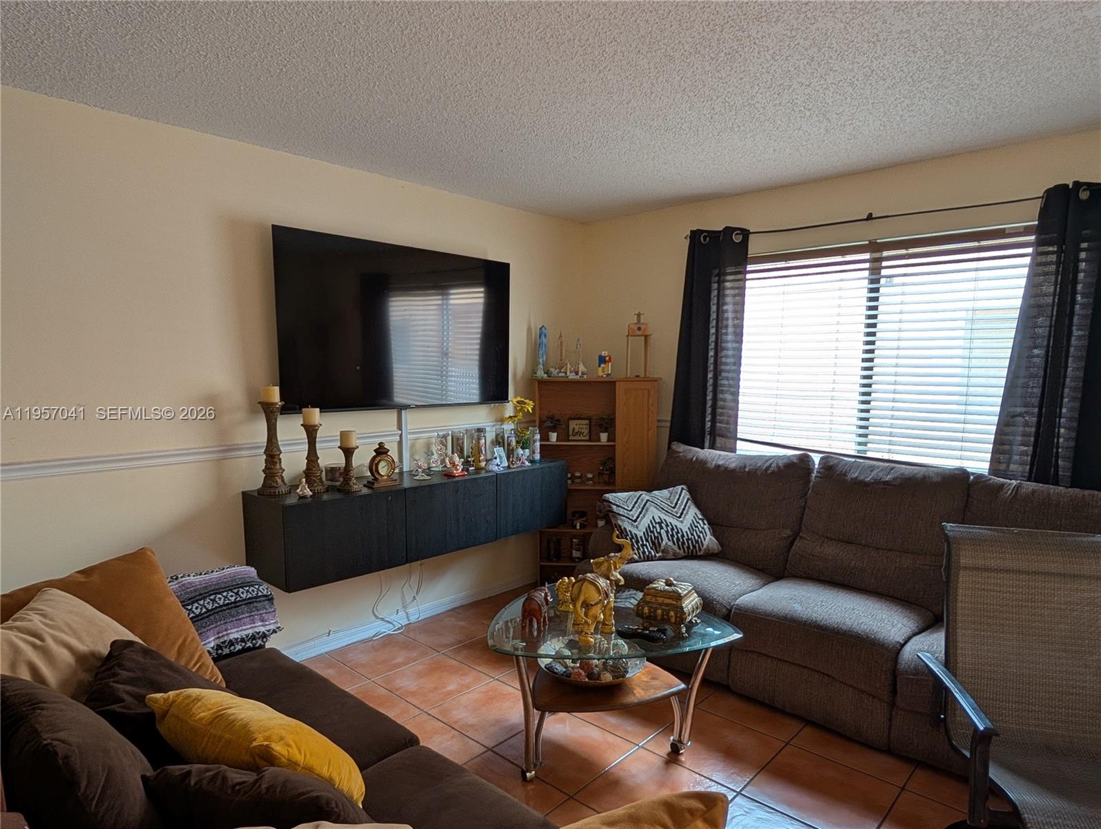 A living room features a wall-mounted television, a floating console, and two brown sofas — 6205 Kendale Lakes Cir # 289, Miami FL 33183, MIAMI, FL