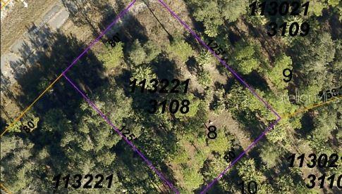 This is an aerial map view showing the rectangular property boundaries of a wooded lot — MARSDEN AVENUE, NORTH PORT, FL