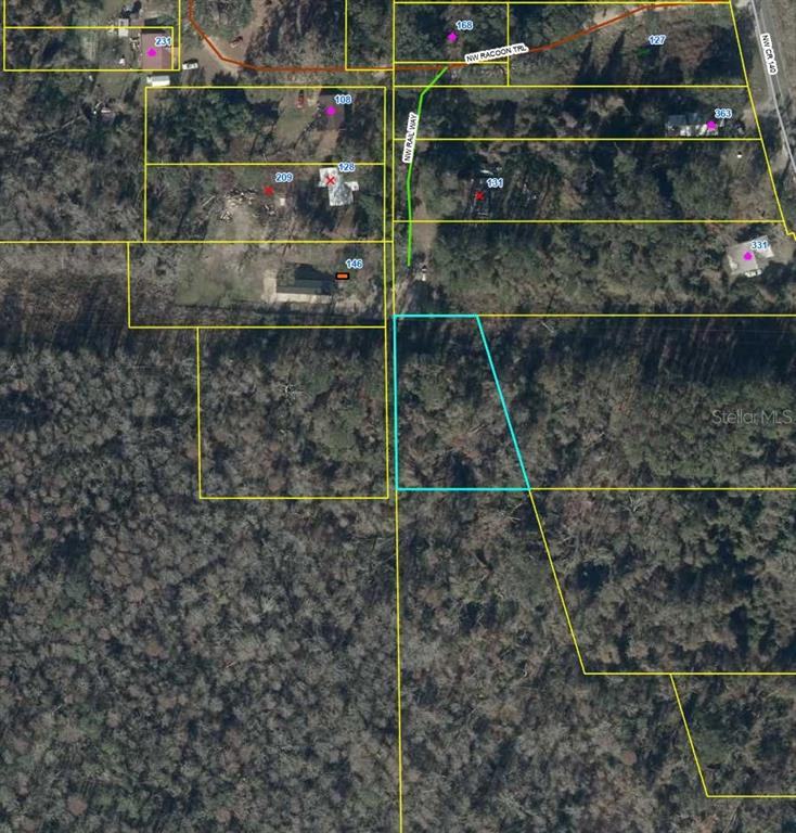 This is an aerial map showing property boundary lines overlaid on a wooded landscape — 000 NW CR 140, GREENVILLE, FL