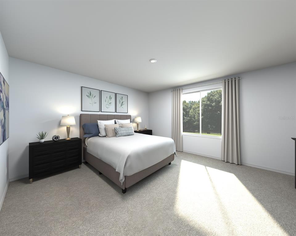 This is a digital rendering of a bedroom featuring a bed, dresser, and large window — 14176 HARVEST PINES LANE, HUDSON, FL
