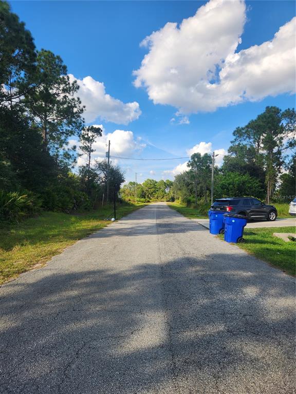 A paved road stretches into the distance between grassy areas with trees and blue bins — 5101 SAN JUAN DRIVE, SEBRING, FL