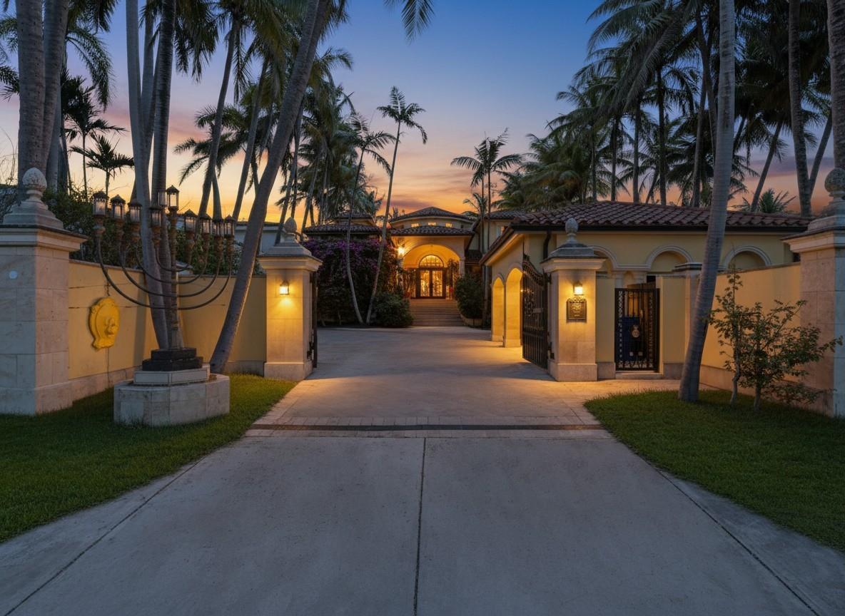 A gated driveway leads to a Mediterranean-style home surrounded by palm trees at sunset — 555 Ocean Boulevard, Golden Beach FL 33160, GOLDEN BEACH, FL