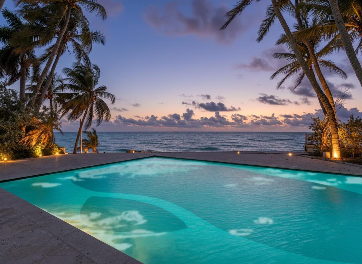 A swimming pool overlooks the ocean at sunset, framed by palm trees and stone decking — 555 Ocean Boulevard, Golden Beach FL 33160, GOLDEN BEACH, FL