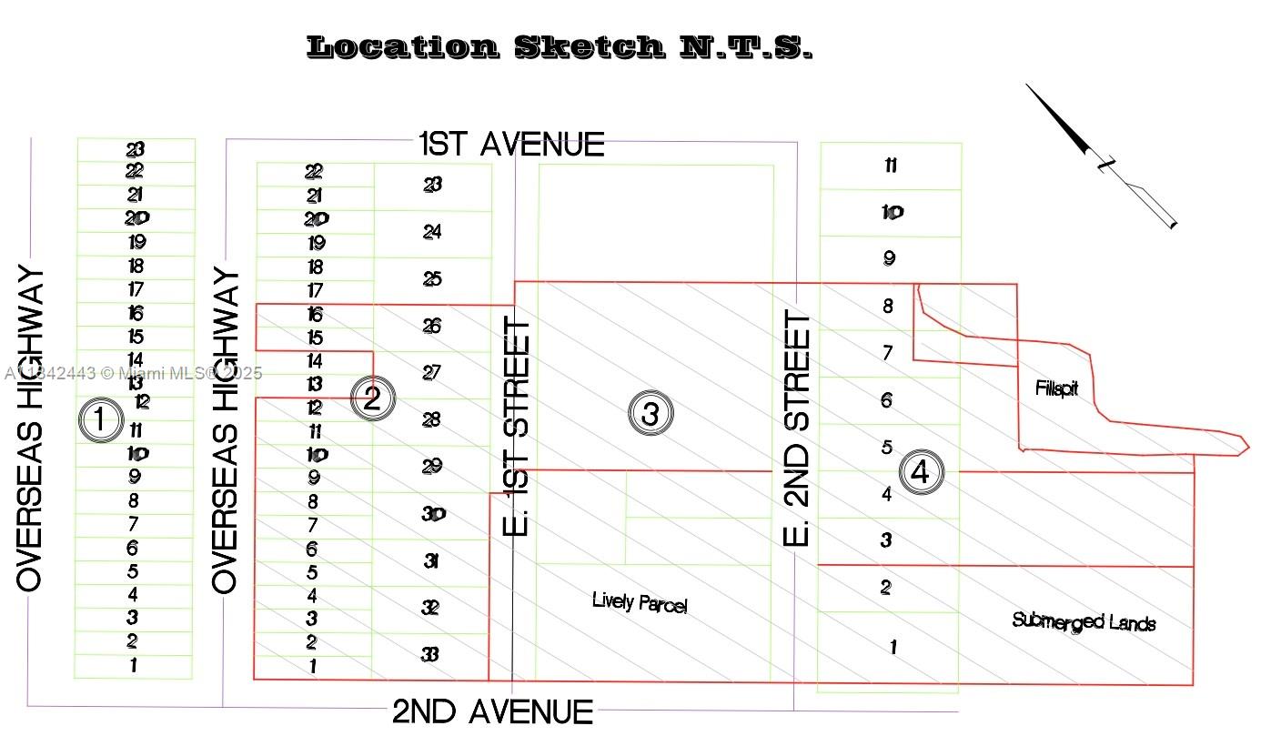 This is a location sketch map showing numbered land parcels along highways and streets — 97601 Overseas Hwy, Key Largo FL 33037, KEY LARGO, FL