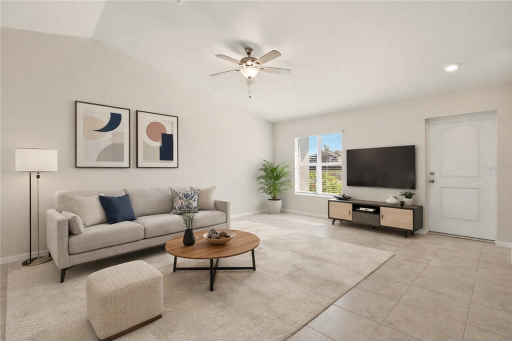 This is a digital rendering of a living room with a sofa, television, and tile flooring — 3600 NE 20TH PLACE, CAPE CORAL, FL