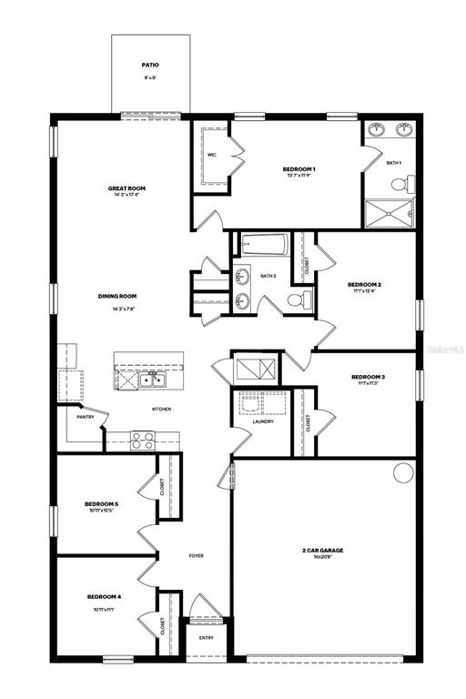 This is a floor plan for a five-bedroom home with a two-car garage and patio — 1017 GUM SPRING COURT, RUSKIN, FL