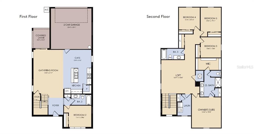 This is a floor plan showing the first and second levels of a five-bedroom home — 6906 CREEK FALLS ALLEY, CLERMONT, FL
