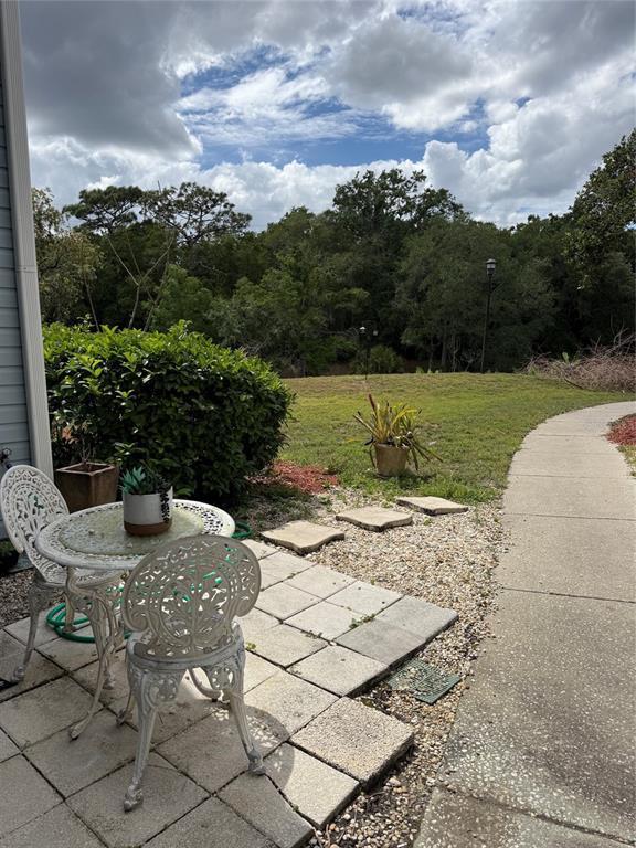 A small patio with a bistro set overlooks a grassy yard and a wooded area — 3940 ATRIUM DRIVE UNIT L7, ORLANDO, FL