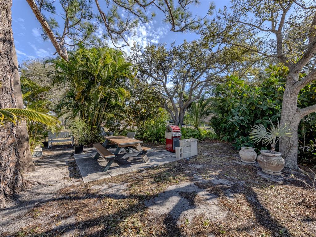 A backyard patio features a wooden picnic table, a red grill, and two large planters — 217 AIRPORT AVENUE W UNIT 216, VENICE, FL