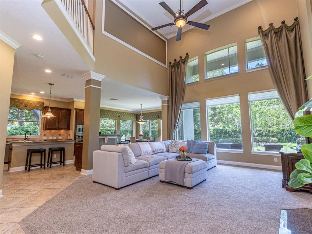 A two-story house with a covered patio, chimney, and large lawn under a cloudy sky — 25846 FEATHER RIDGE LANE, SORRENTO, FL