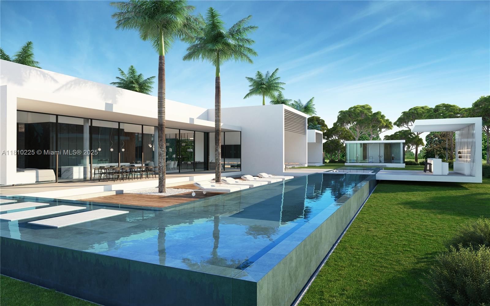 This architectural rendering shows a modern white house with a long infinity pool and palms — 4761 Akai Dr, Southwest Ranches FL 33332, SOUTHWEST RANCHES, FL