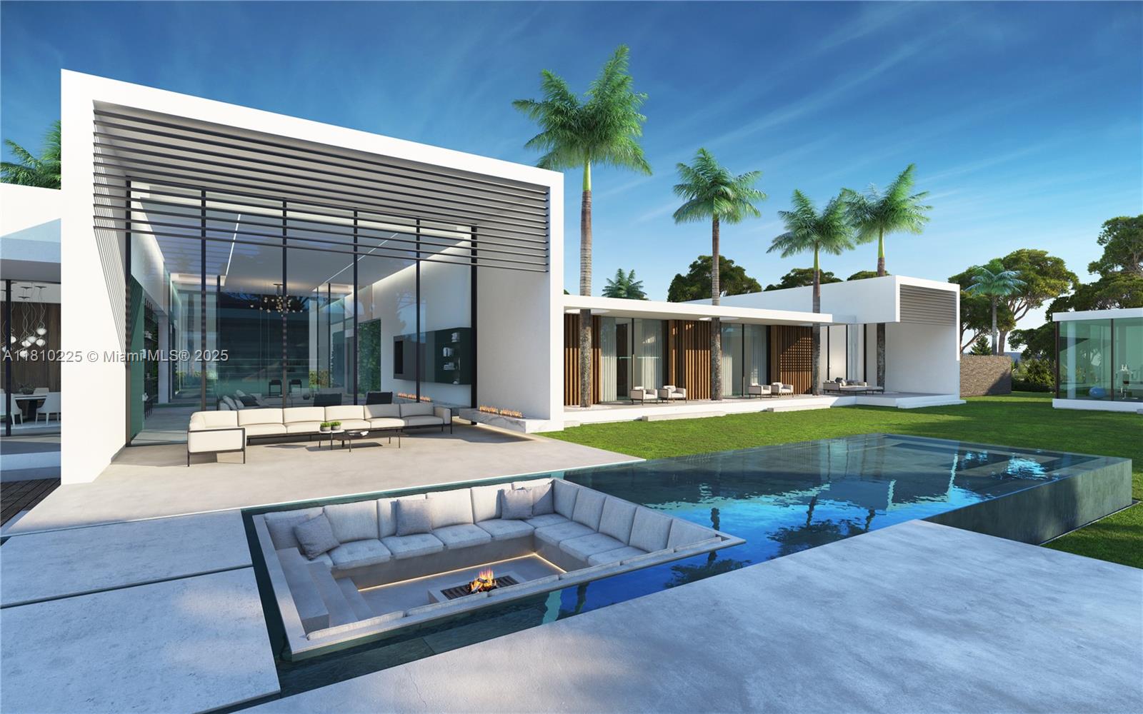 This architectural rendering shows a modern home with a sunken fire pit inside a pool — 4761 Akai Dr, Southwest Ranches FL 33332, SOUTHWEST RANCHES, FL