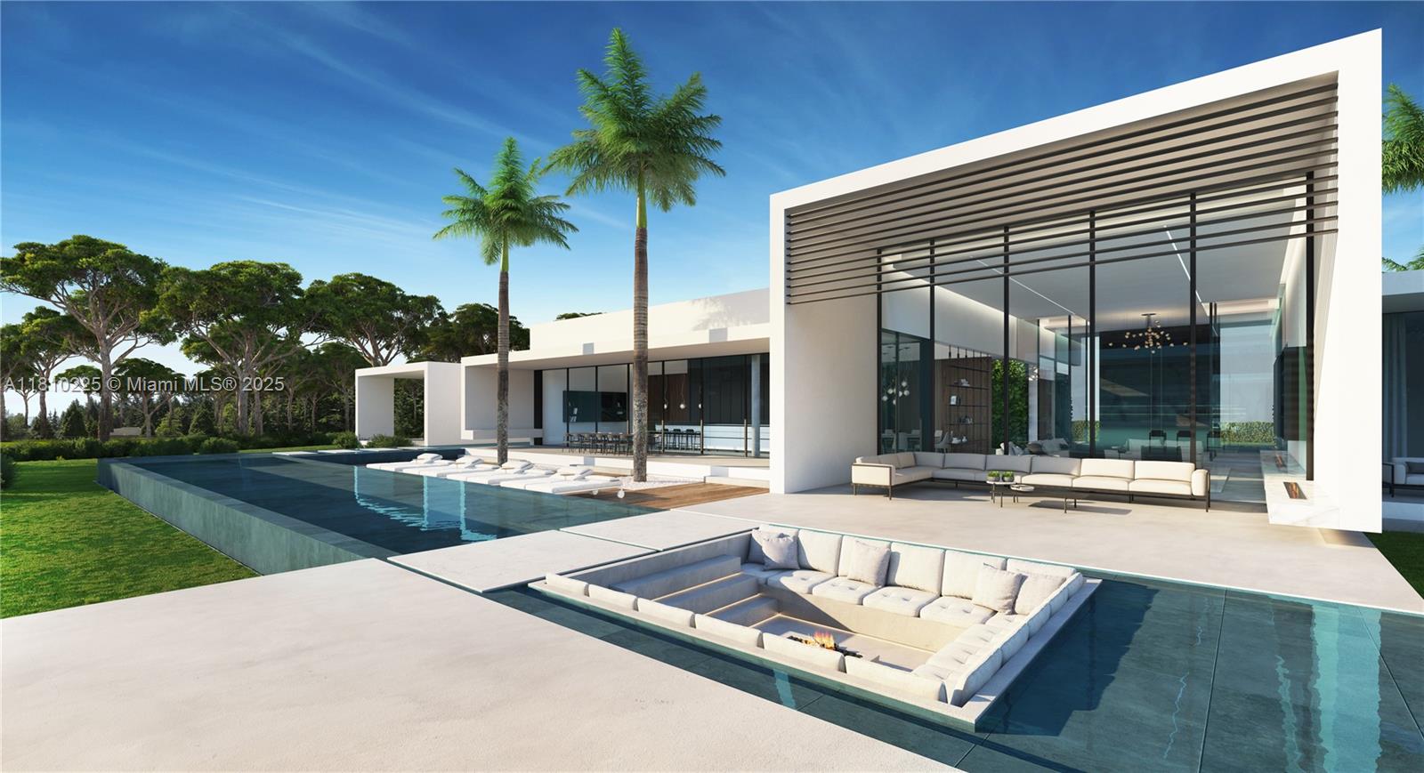 This architectural rendering shows a modern luxury home exterior with a sunken fire pit pool — 4761 Akai Dr, Southwest Ranches FL 33332, SOUTHWEST RANCHES, FL