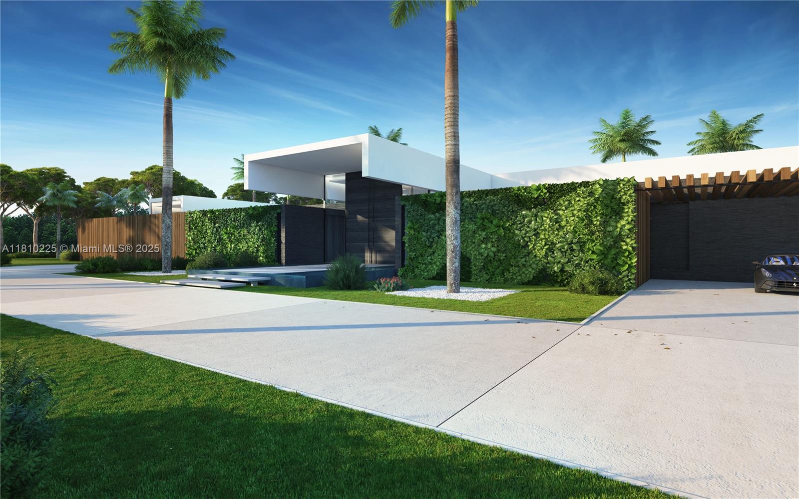 A rendering of a modern house exterior with a green wall and palm trees — 4761 Akai Dr, Southwest Ranches FL 33332, SOUTHWEST RANCHES, FL