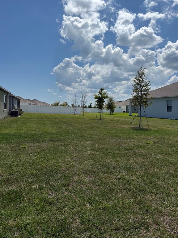 A grassy backyard features a white vinyl fence and several young trees under a sky — 2665 NEVERLAND DRIVE, NEW SMYRNA BEACH, FL