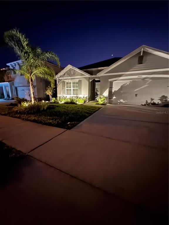 A single-story house with a two-car garage and a palm tree at night — 2665 NEVERLAND DRIVE, NEW SMYRNA BEACH, FL