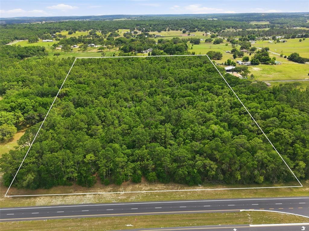 An aerial view shows a large, rectangular, wooded plot of land bordering a paved road — CORTEZ BOULEVARD, BROOKSVILLE, FL