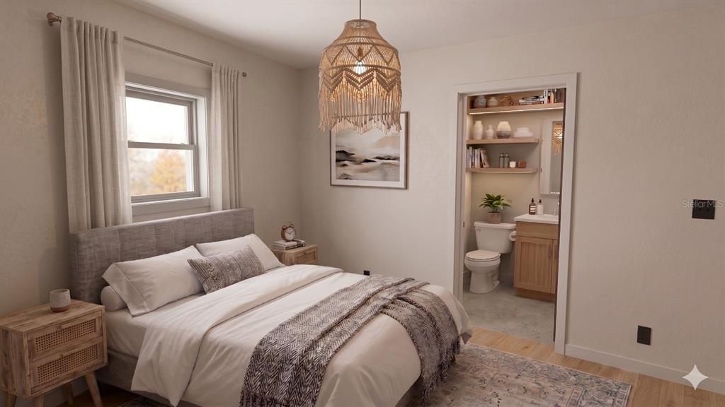 This is a rendering of a bedroom with a bed, macramé pendant light, and attached bathroom — 947 CHADWICK AVENUE, LEHIGH ACRES, FL