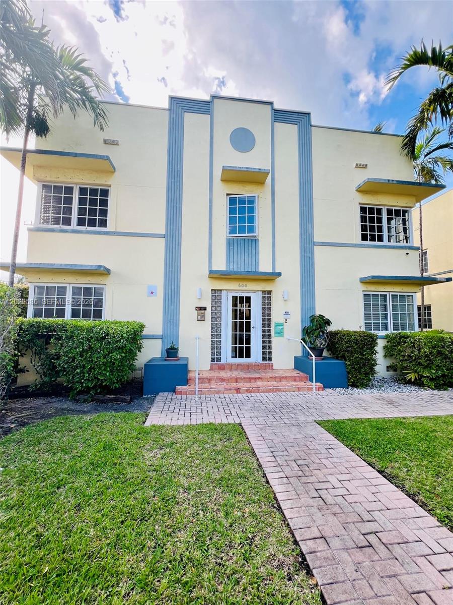 A two-story Art Deco apartment building with a central entrance and a brick walkway — 600 Euclid Ave # 5A, Miami Beach FL 33139, MIAMI BEACH, FL