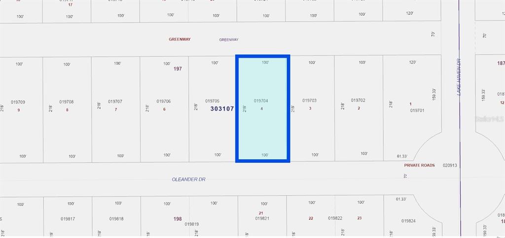 This is a property tax map showing a highlighted rectangular land parcel between Greenway and Oleander Drive — OLEANDER DRIVE, INDIAN LAKE ESTATES, FL
