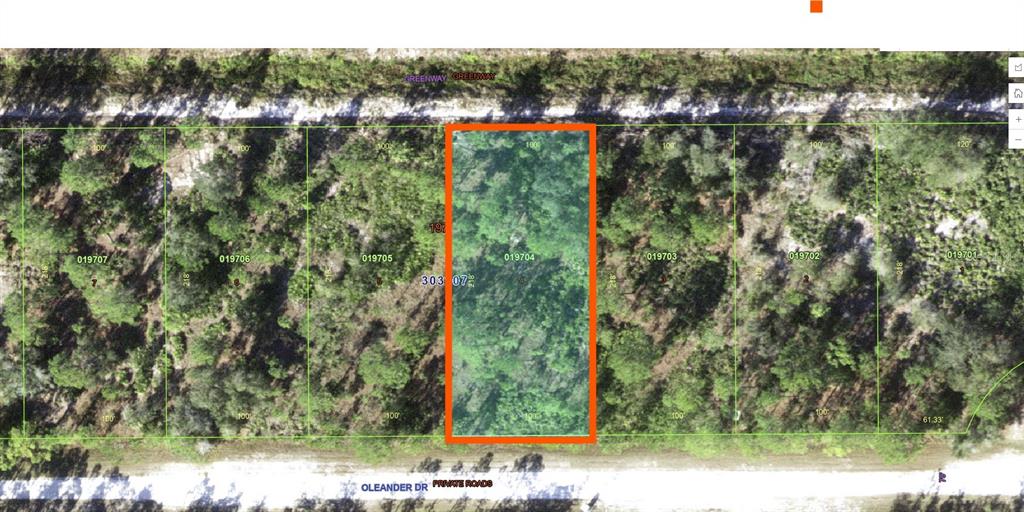 This is a satellite map view showing a rectangular plot of land highlighted in orange — OLEANDER DRIVE, INDIAN LAKE ESTATES, FL