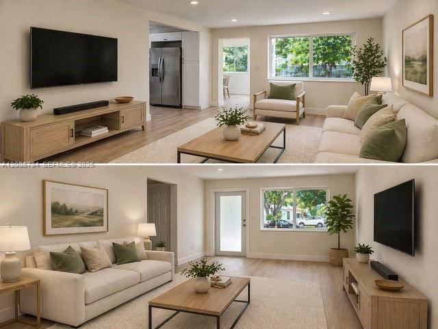 This rendering shows two views of a modern living room with light wood flooring — 815 NE 134th St, North Miami FL 33161, NORTH MIAMI, FL