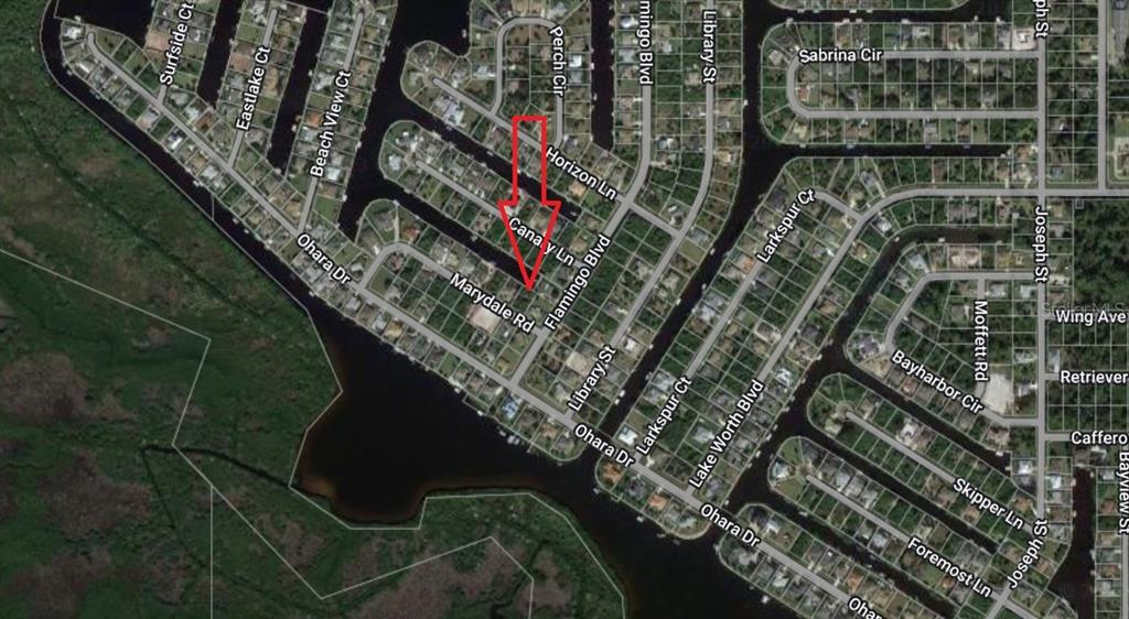 This is an aerial map showing a residential neighborhood with canals and a red arrow — 17178 MARYDALE ROAD, PORT CHARLOTTE, FL
