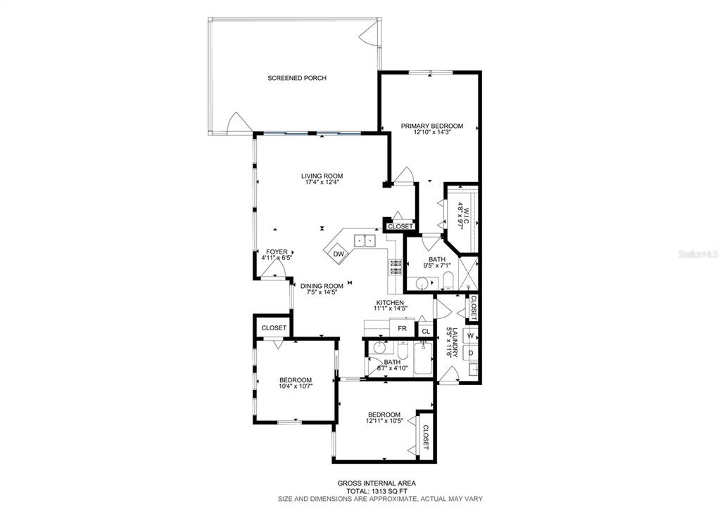 This is a floor plan for a three-bedroom, two-bathroom home with a screened porch — 2018 INVERNESS GREENS DRIVE UNIT 2018, SUN CITY CENTER, FL