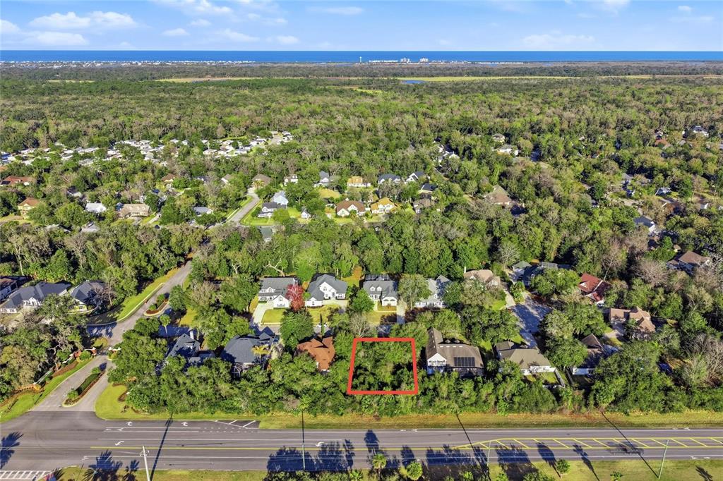 An aerial view shows a wooded residential lot outlined in red next to a road — 7 SAINT CHARLES PLACE, FLAGLER BEACH, FL
