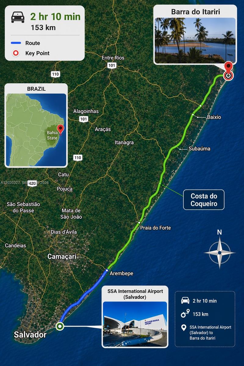This map shows a driving route from Salvador International Airport to Barra do Itariri — 117 Praia Barra do Itariri Peninsula, FL, FL
