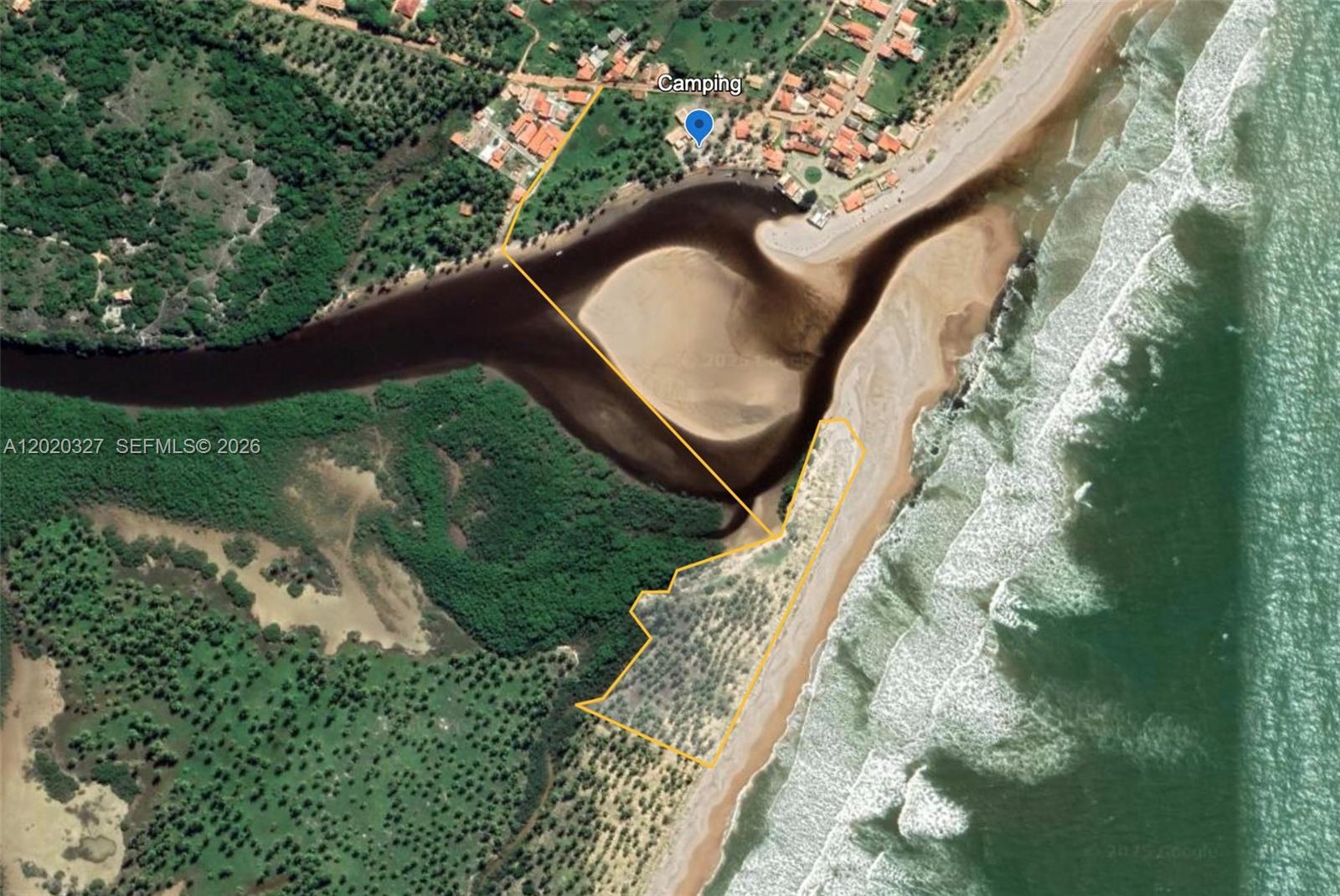 This aerial map shows a coastal property boundary outlined in yellow near a river mouth — 117 Praia Barra do Itariri Peninsula, FL, FL