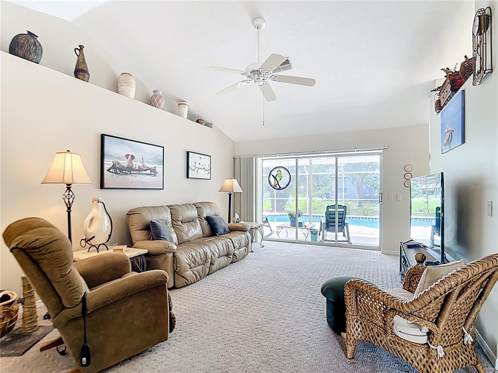 A living room features a vaulted ceiling, tan carpet, leather sofa, and sliding glass doors — 4812 ALFA TERRACE, NORTH PORT, FL