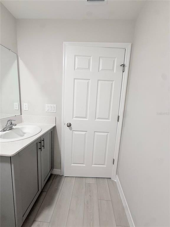A bathroom features a gray vanity with a white countertop and a white paneled door — 12163 CATTLESIDE DRIVE, RIVERVIEW, FL
