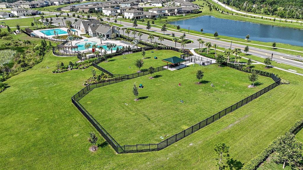 An aerial view shows a fenced dog park with a pavilion next to a community pool — 12163 CATTLESIDE DRIVE, RIVERVIEW, FL