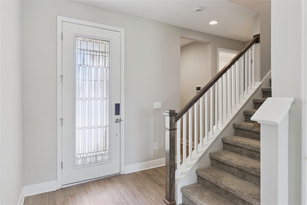 An entryway features a white front door with a glass insert and carpeted stairs — 14825 PADDOCK POND AVENUE, LITHIA, FL