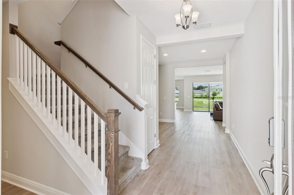 An entryway features a carpeted staircase with a wooden railing and light wood-look flooring — 14825 PADDOCK POND AVENUE, LITHIA, FL