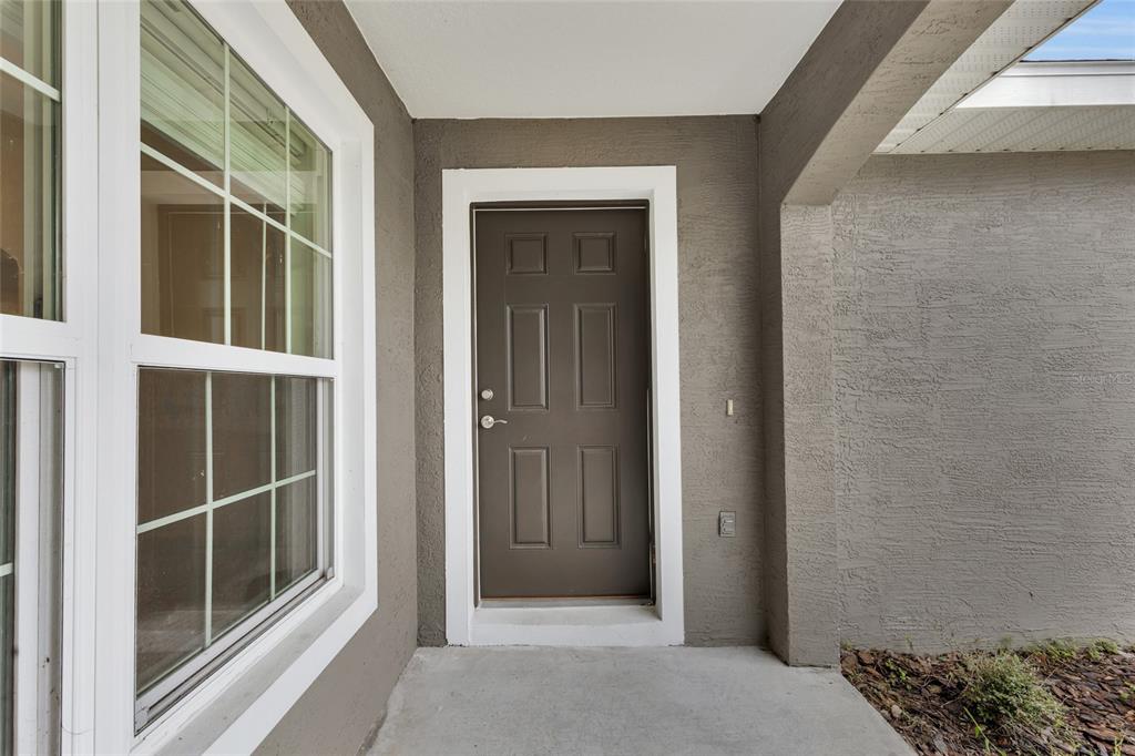 A covered entryway features a dark brown front door with white trim and a window — 13 LLOVERA  PLACE, PALM COAST, FL