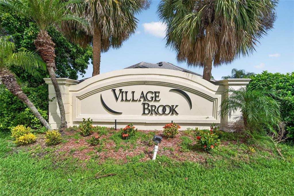 A beige monument sign for Village Brook stands in a landscaped garden with palm trees — 11405 VILLAGE BROOK DRIVE, RIVERVIEW, FL