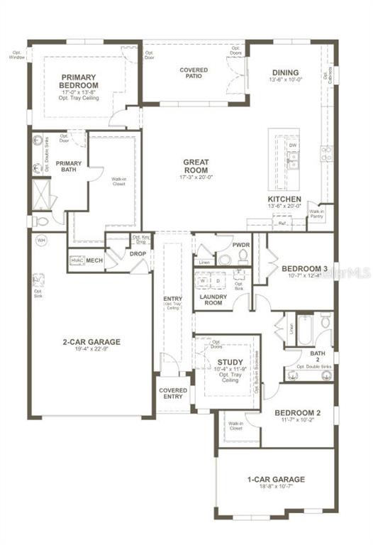 This is a floor plan for a single-story house with three bedrooms and two garages — 2005 HAMMOCK TRACE DRIVE, PARRISH, FL