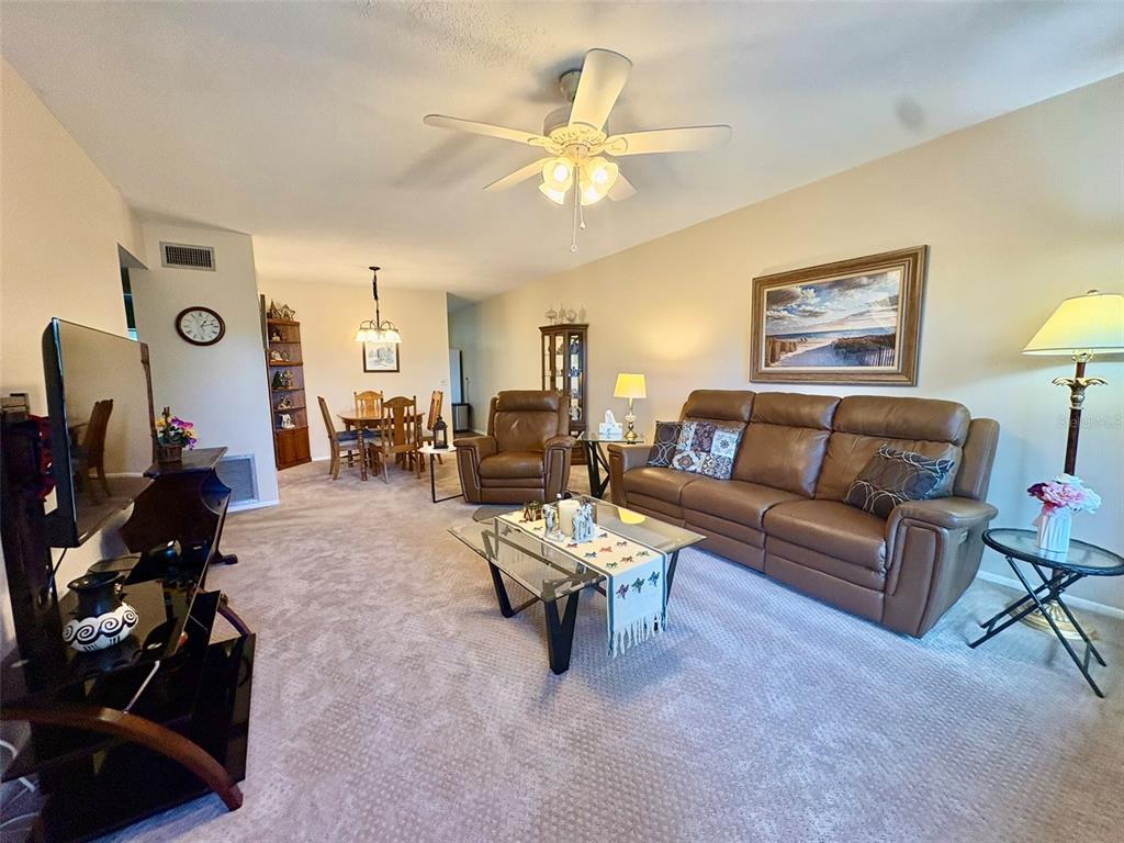 A living room with beige carpet, a brown leather sofa, and an adjacent dining area — 2459 COLUMBIA DRIVE UNIT 69, CLEARWATER, FL