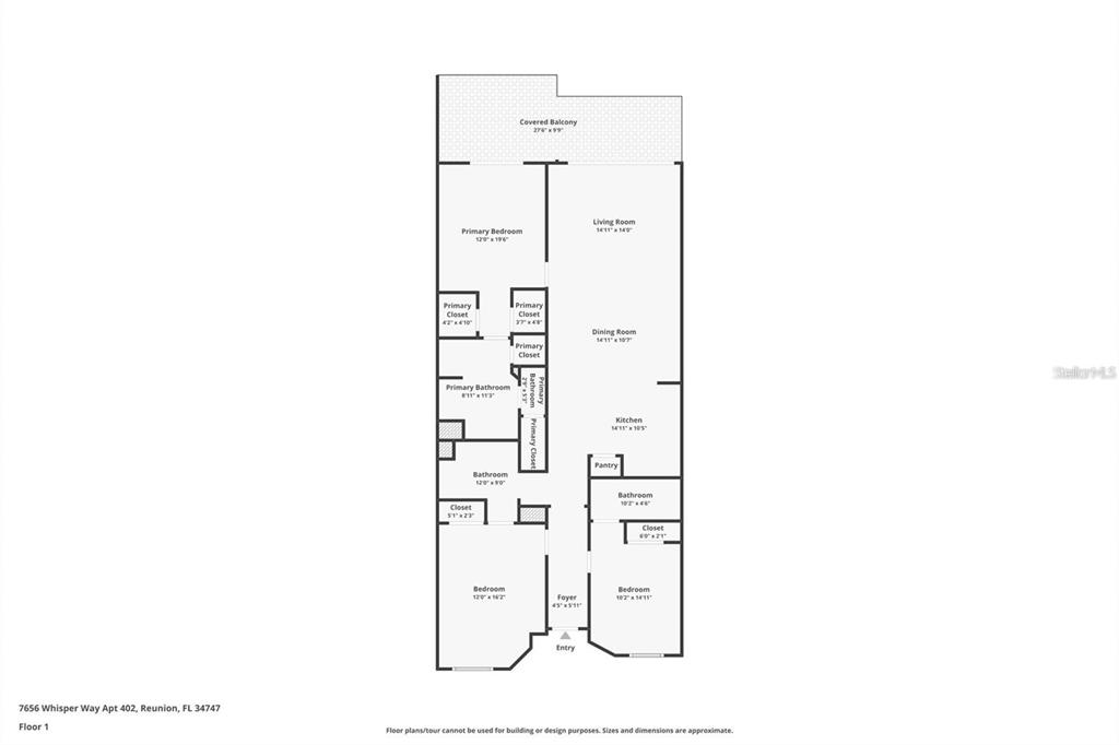 This is a floor plan for a three-bedroom apartment with a covered balcony — 7656 WHISPER WAY UNIT 402, REUNION, FL