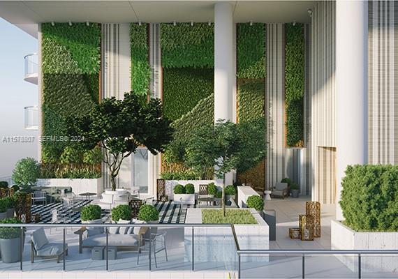 This architectural rendering shows an outdoor terrace featuring vertical gardens, potted trees, and modern seating — 801 S Miami Ave # 3009, Miami FL 33130, MIAMI, FL