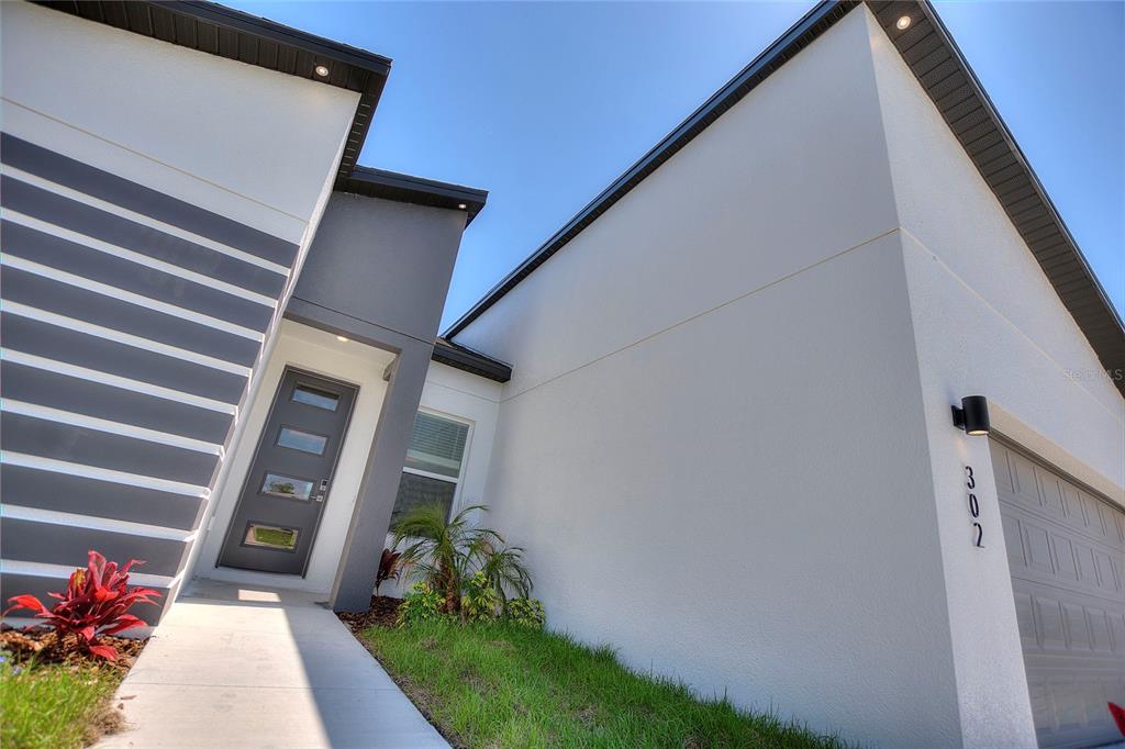 A modern house exterior features a gray front door, striped siding, and a garage — 302 ELDERBERRY COURT, KISSIMMEE, FL