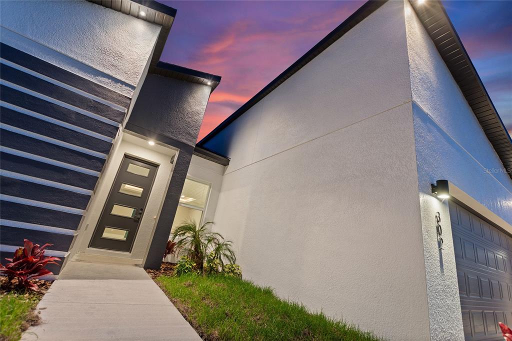A modern house exterior features a dark front door, white stucco walls, and a garage — 302 ELDERBERRY COURT, KISSIMMEE, FL