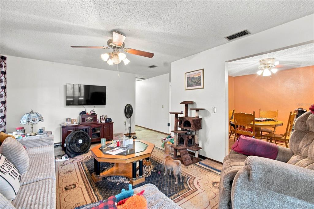 A living room features a ceiling fan, a television, a coffee table, and a cat tree — 5055 CAMBRY LANE, LAKELAND, FL