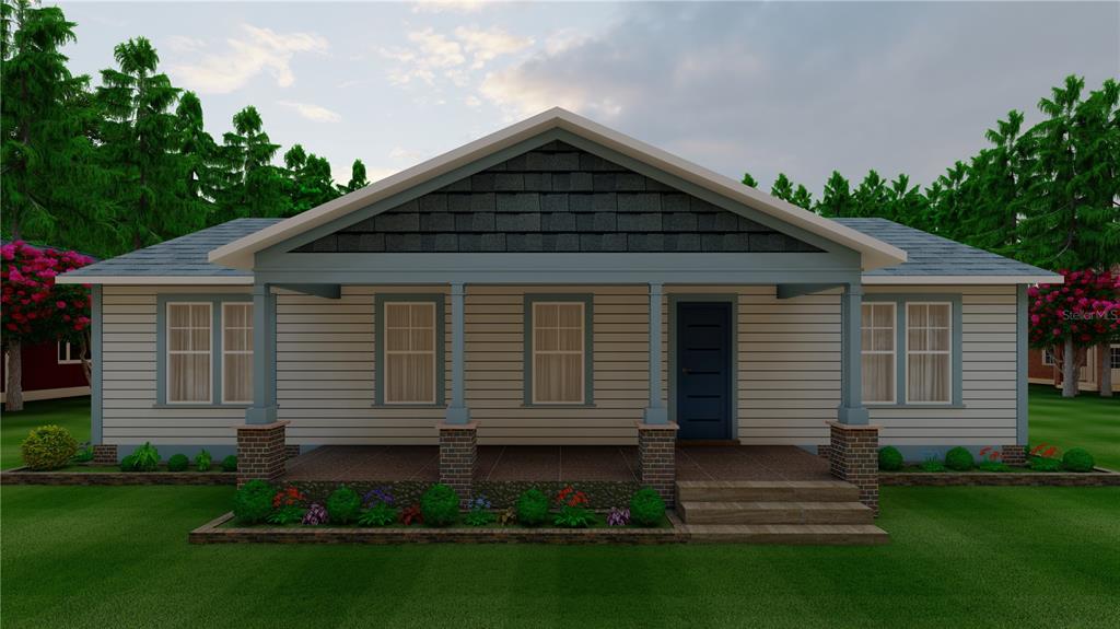 A digital rendering of a single-story house with a front porch and brick-based columns — 360 N SUMMIT AVENUE, LAKE HELEN, FL