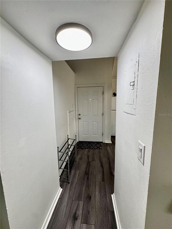 A hallway with wood-look flooring leads to a white door with a shoe rack nearby — 12315 TOUCHTON DRIVE UNIT 90, TAMPA, FL