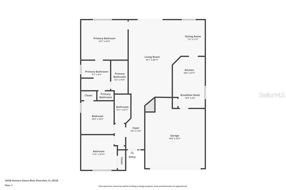 This is a floor plan showing the layout of a single-story residential home — 10428 HUNTERS HAVEN BOULEVARD, RIVERVIEW, FL