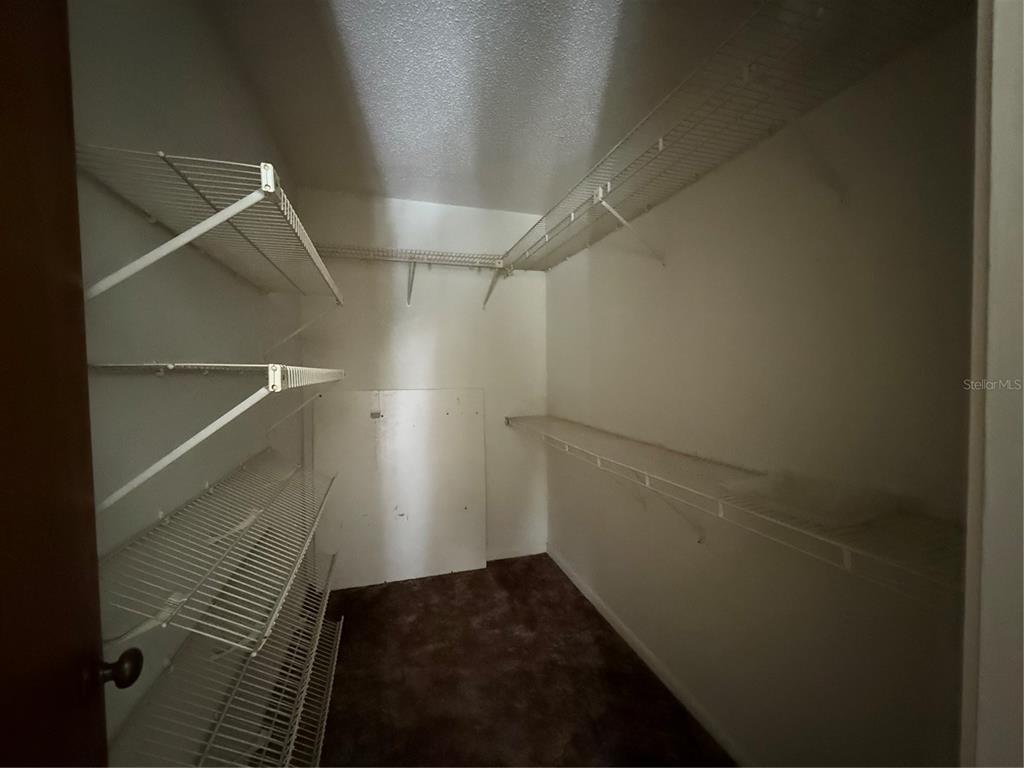 A walk-in closet features white wire shelving on the walls and brown carpeted flooring — 3032 SE 5TH TERRACE UNIT F, OCALA, FL