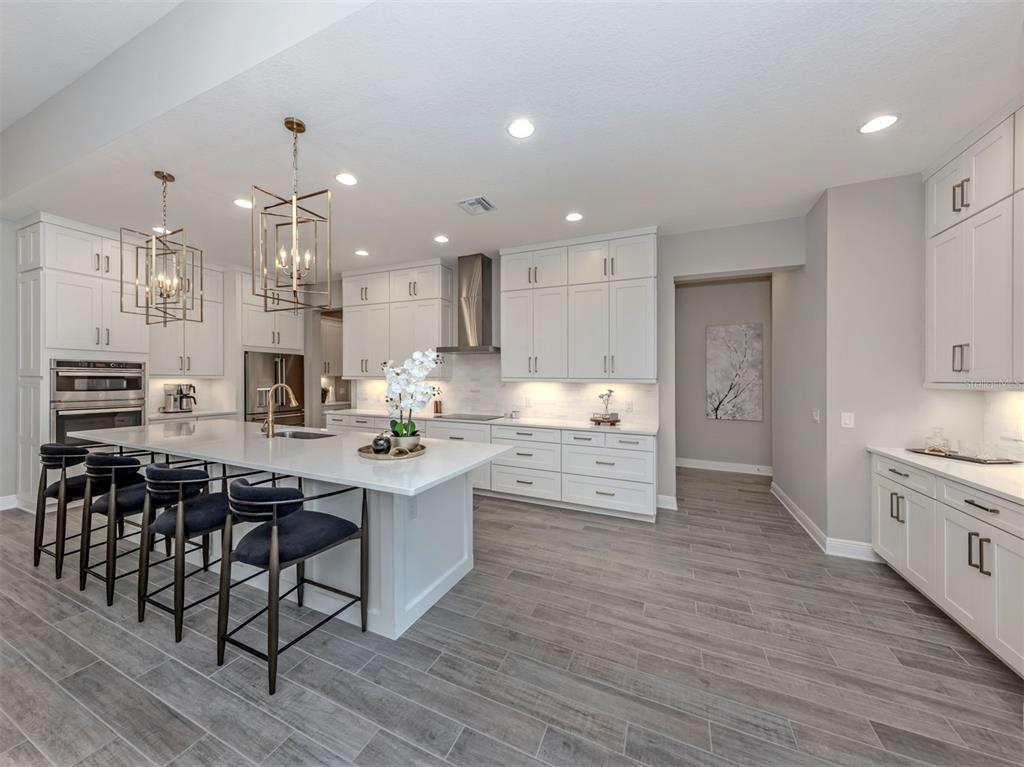 A modern kitchen features white cabinetry, a large island with bar seating, and wood-look flooring — 19916 BRIDGETOWN LOOP, VENICE, FL
